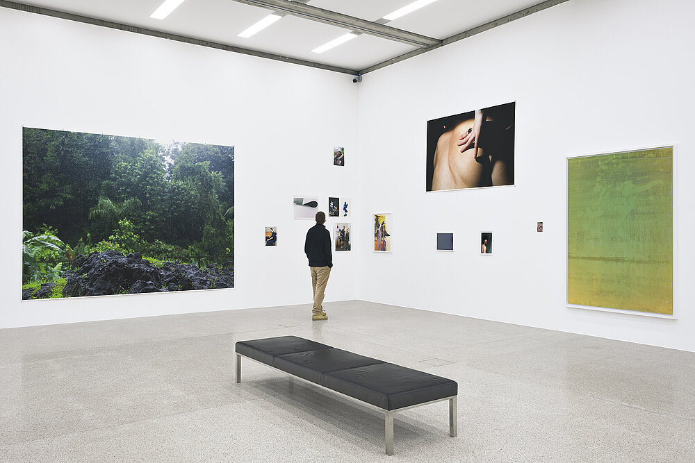 A person looks at the photographs on the white wall. In front of them is a black bench in the centre of the room. 
