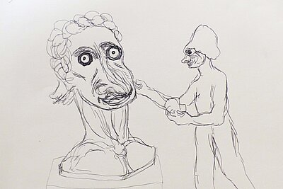 Skizzenhafte Zeichnung zweier menschlicher Figuren, links ein übergroßer Kopf auf Sockel, rechts eine stehende Figur mit ausgestreckten Armen. / Sketch-like drawing of two human figures, featuring an oversized head on a pedestal on the left and a standing figure with extended arms on the right.