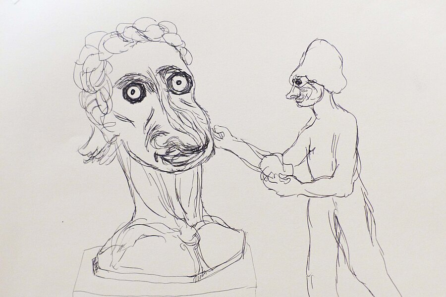 Skizzenhafte Zeichnung zweier menschlicher Figuren, links ein übergroßer Kopf auf Sockel, rechts eine stehende Figur mit ausgestreckten Armen. / Sketch-like drawing of two human figures, featuring an oversized head on a pedestal on the left and a standing figure with extended arms on the right.