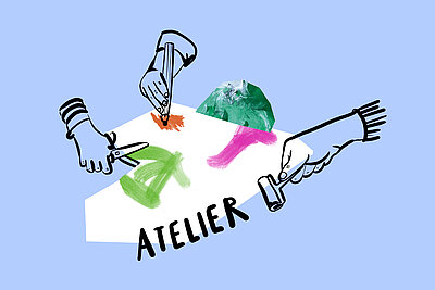 Illustration zum Thema Atelier: Utensilien zum Malen und Basteln auf blauem Hintergrund