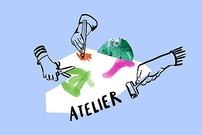 Illustration zum Thema Atelier: Utensilien zum Malen und Basteln auf blauem Hintergrund