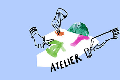 Illustration zum Thema Atelier: Utensilien zum Malen und Basteln auf blauem Hintergrund