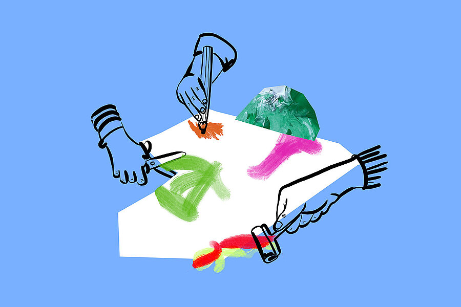 Illustration zum Thema Atelier: Utensilien zum Malen und Basteln auf blauem Hintergrund