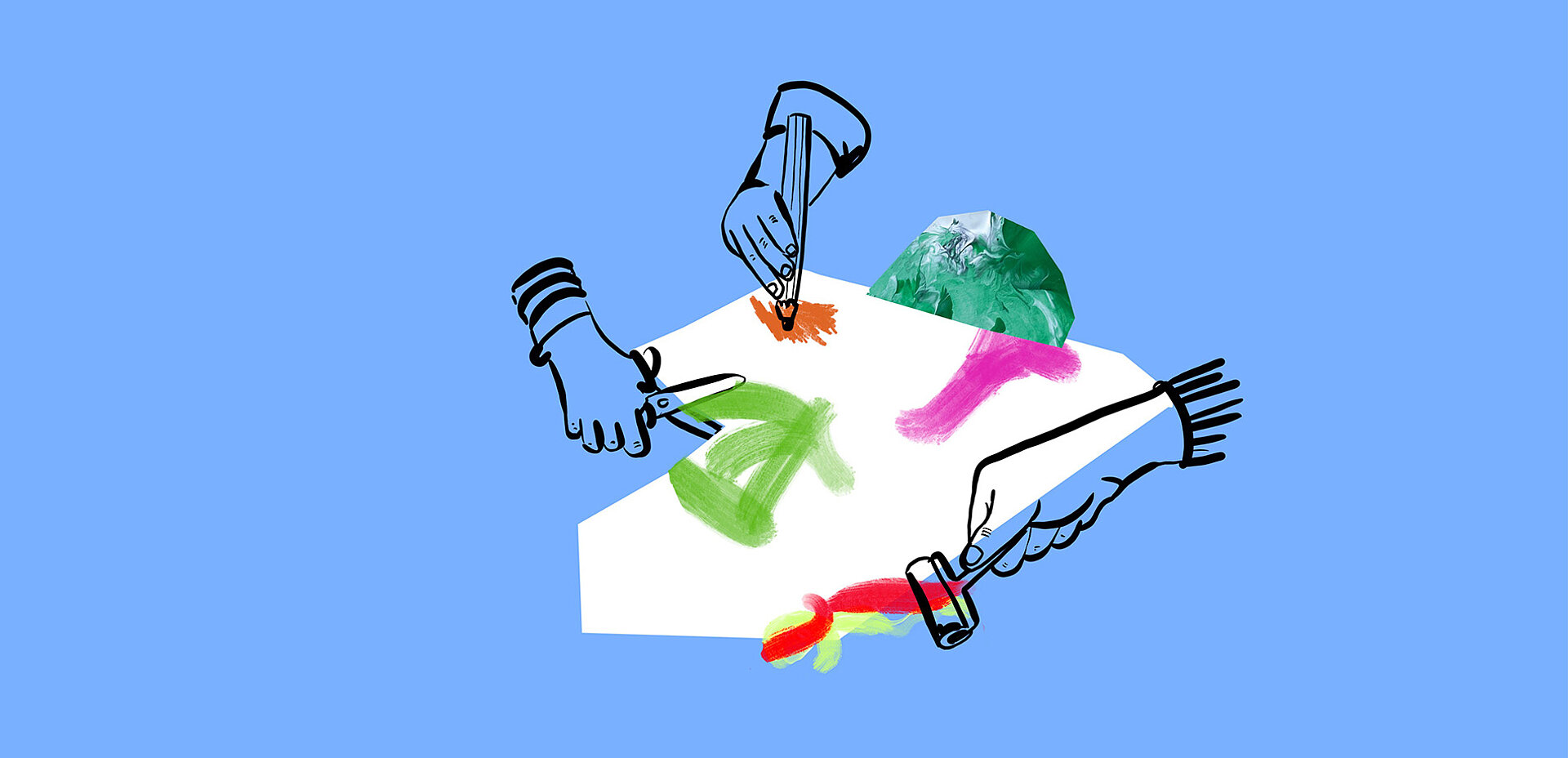 Illustration zum Thema Atelier: Utensilien zum Malen und Basteln auf blauem Hintergrund