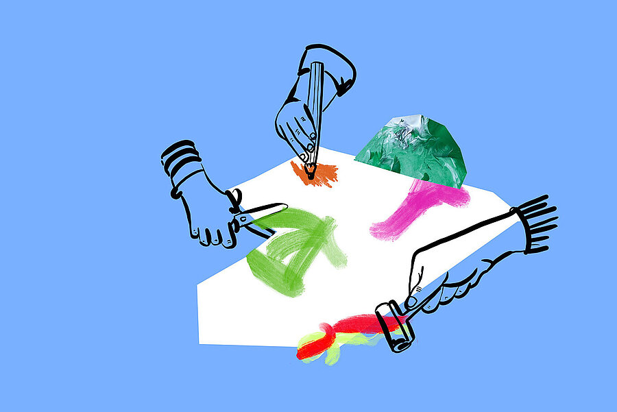 Illustration zum Thema Atelier: Utensilien zum Malen und Basteln auf blauem Hintergrund