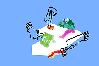 Illustration zum Thema Atelier: Utensilien zum Malen und Basteln auf blauem Hintergrund