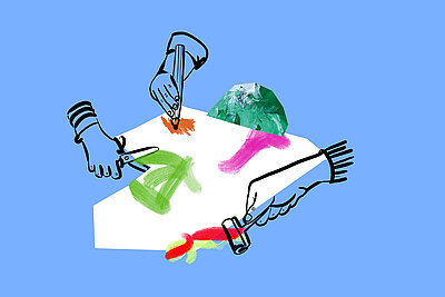 Illustration zum Thema Atelier: Utensilien zum Malen und Basteln auf blauem Hintergrund