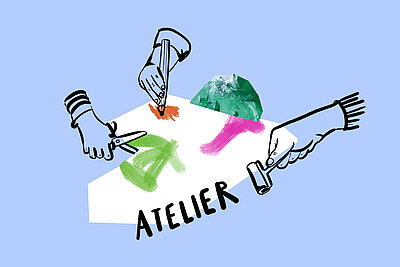 Illustration zum Thema Atelier: Utensilien zum Malen und Basteln auf blauem Hintergrund