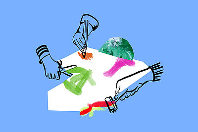 Illustration zum Thema Atelier: Utensilien zum Malen und Basteln auf blauem Hintergrund