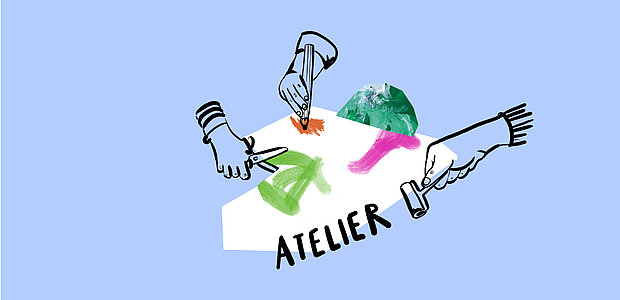 
            
                Illustration zum Thema Atelier: Utensilien zum Malen und Basteln auf blauem Hintergrund
            
        
