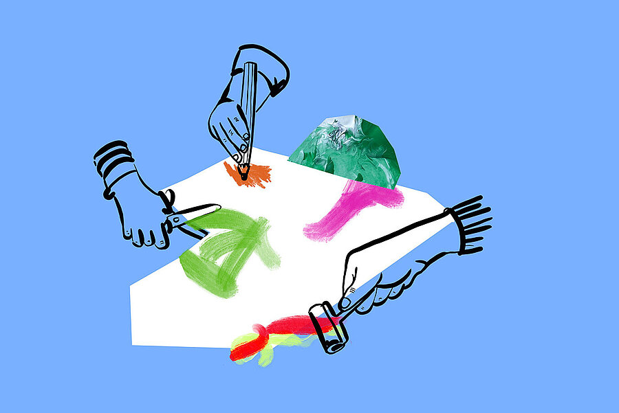 Illustration zum Thema Atelier: Utensilien zum Malen und Basteln auf blauem Hintergrund