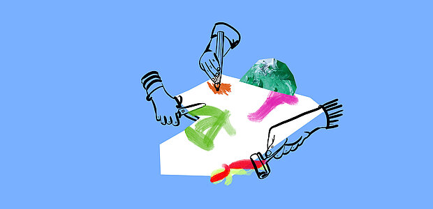 
            
                Illustration zum Thema Atelier: Utensilien zum Malen und Basteln auf blauem Hintergrund
            
        