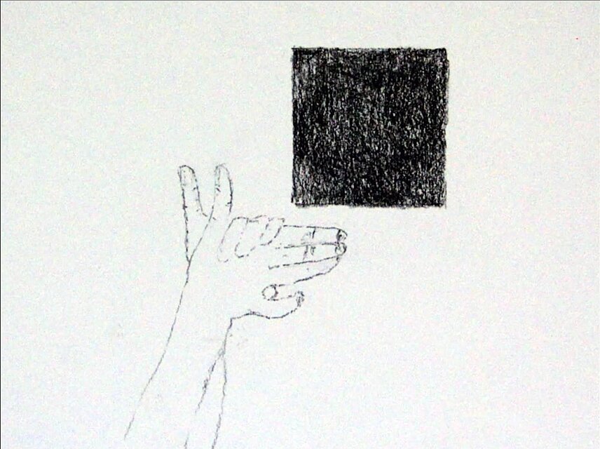 Film Still: Gernot Wieland, aus / from: Bird in Italian is Uccello. Zeichnung von Händen auf weißem Grund / Drawing of Hands on white background.