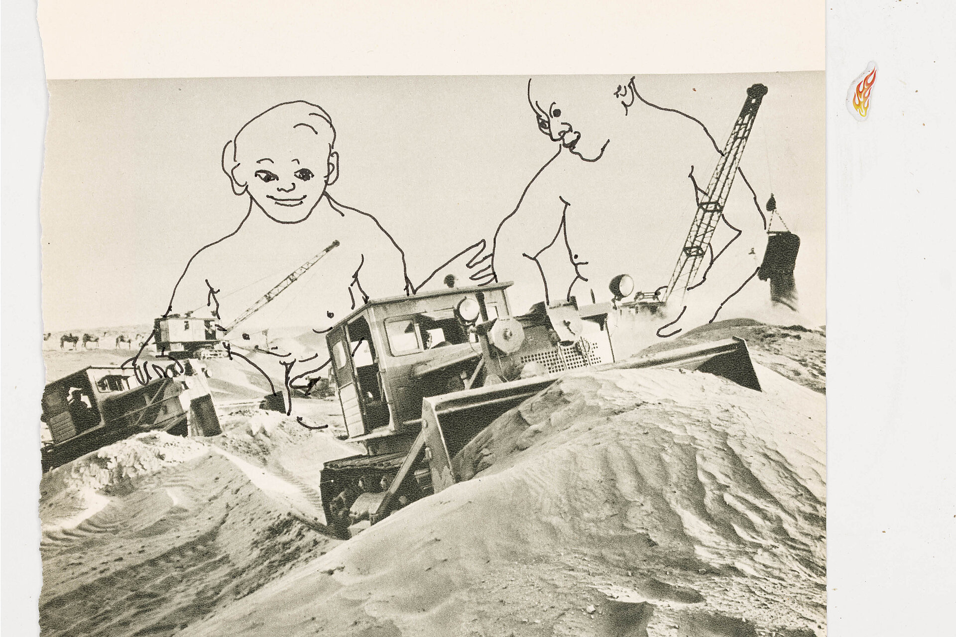 Montage aus historischem Foto von Baumaschinen und darüber gesetzten gezeichneten Figuren im Maßstabsbruch. / Montage combining a historical photograph of construction machines with superimposed drawn figures at a different scale.