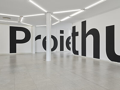 Park McArthur, Is this an investment, pied-à-terre, or primary residence?, 2018, [ID: Eine Skulptur in Form eines Textes an einer Wand. Aus dieser Perspektive buchstabieren übergroße schwarze Klein- und Großbuchstaben „Proie-thu“. Der Schriftzug ist aufgrund des Kamerawinkels und der Raumaufteilung abgeschnitten. Der Text zieht sich durch den Raum und interagiert mit weißen Säulen, über denen eine eckige Leuchtstoffröhrenbeleuchtung angebracht ist.] 