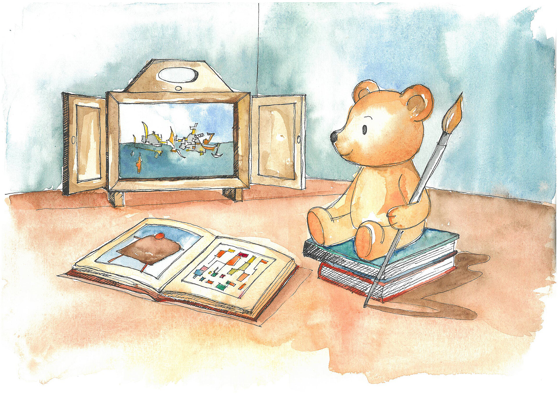 Illustration mit Teddybär und Kunstwerken