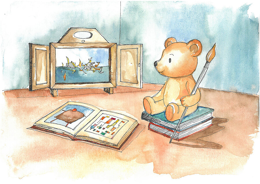 Illustration mit Teddybär und Kunstwerken