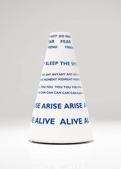 Liliane Lijn, Arise Alive, 1965, Letraset on painted truncated cork cone, motorized turntable (restored in 2010), poem by Leonard D. Marshall