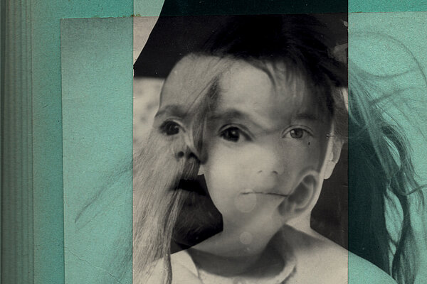 Tolia Astakhishvili, I would like to return and say I am back and it's nice on the other side, 2026, Collage mit Fotos von Maka Sanadze