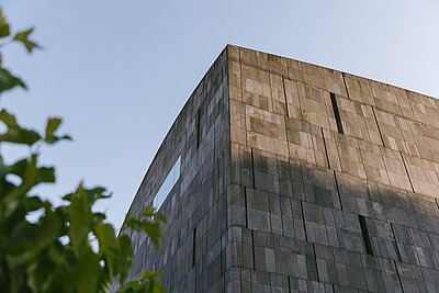 eine Ecke der grauen mumok Fassade, im Hintergrund blauer Himmel, links im Vordergrund Blätter eines Baums