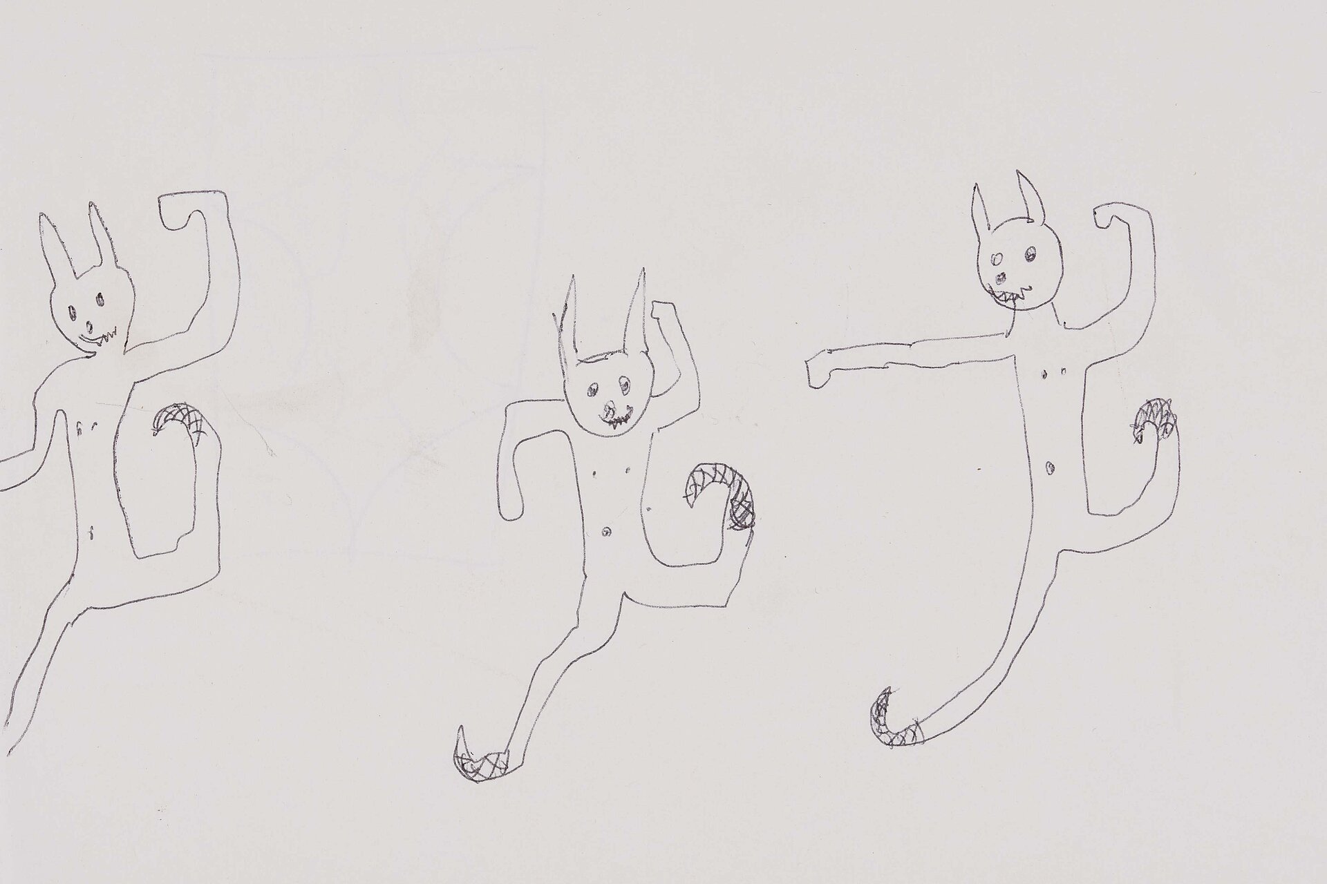 Mehrere einfache Linienzeichnungen katzen- oder fabelwesenartiger Figuren in unterschiedlichen Bewegungsposen, verteilt über ein leeres Blatt. / Multiple simple line drawings of cat- or creature-like figures shown in different movement poses, spread across a blank sheet.