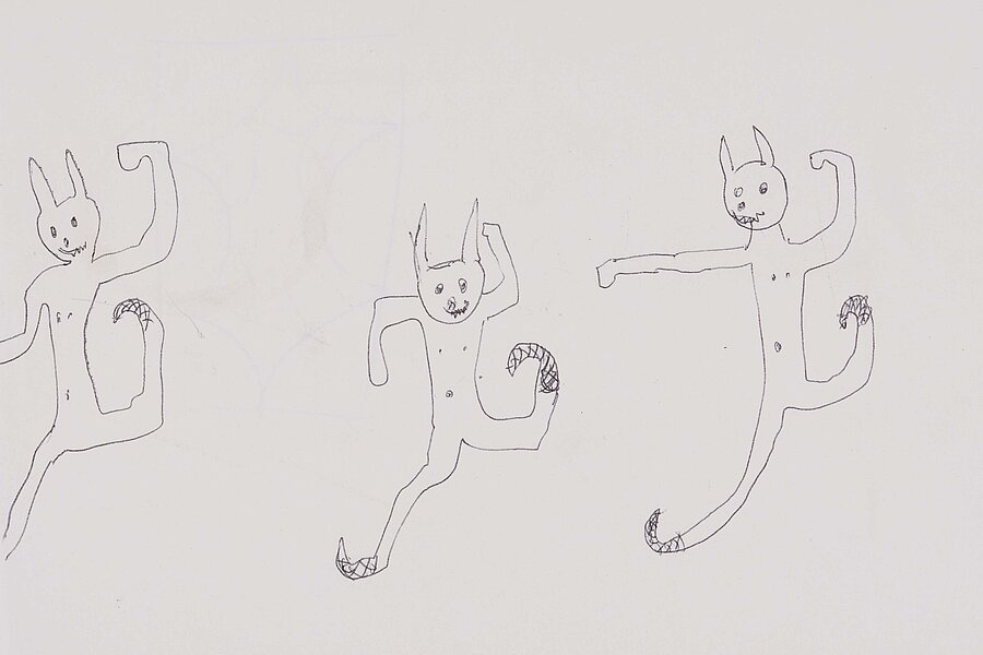 Mehrere einfache Linienzeichnungen katzen- oder fabelwesenartiger Figuren in unterschiedlichen Bewegungsposen, verteilt über ein leeres Blatt. / Multiple simple line drawings of cat- or creature-like figures shown in different movement poses, spread across a blank sheet.