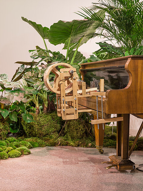 A piano overgrown with plants, a wooden apparatus is attached to the keys
