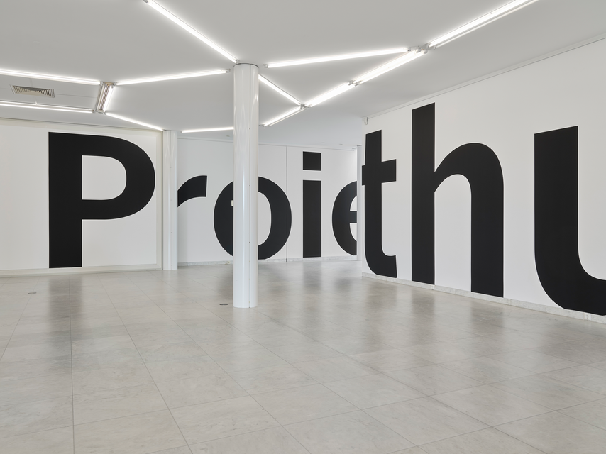 Aus dieser Perspektive buchstabieren übergroße schwarze Klein- und Großbuchstaben „Proie-thu“. Der Schriftzug ist aufgrund des Kamerawinkels und der Raumaufteilung abgeschnitten. Der Text zieht sich durch den Raum und interagiert mit weißen Säulen, über denen eine eckige Leuchtstoffröhrenbeleuchtung angebracht ist
