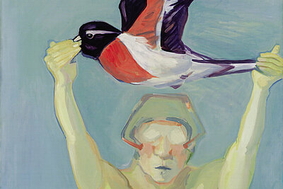 Maria Lassnig: Fliegen lernen. Gemälde einer nackten Frau, die einen Vogel in den Händen über ihrem Kopf hält