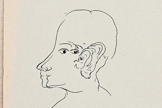 
            
                Linienzeichnung eines menschlichen Kopfes im Profil mit stark vereinfachten Gesichtszügen und betontem Ohr auf hellem Papier. / Line drawing of a human head in profile with strongly simplified facial features and a prominent ear on light-colored paper.
            
        