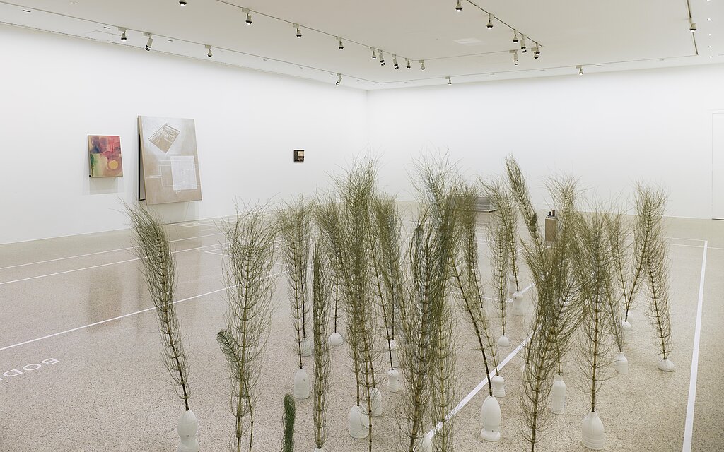 Dried grasses stand in the exhibition space, with works of art hanging on the exhibition wall in the background 