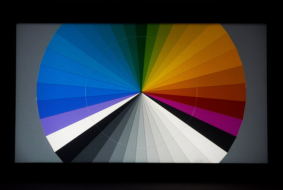 A circular color wheel composed of segmented hues ranging from blue through green, yellow, and red to grayscale tones. All colors converge radially toward a central point.