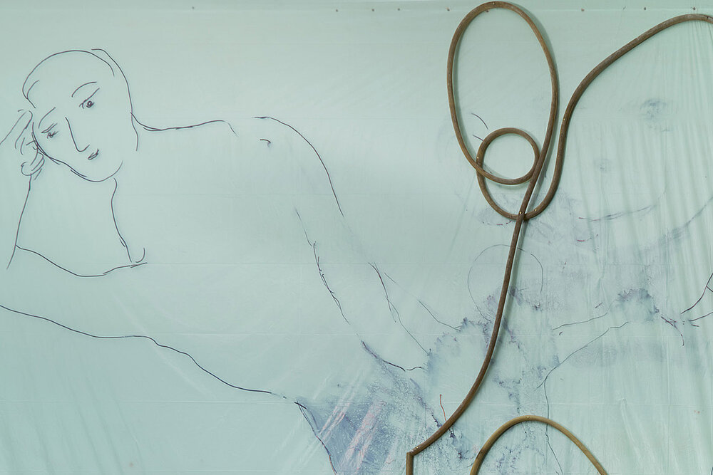 Tolia Astakhishvili to love and devour, 2025, faintly drawn human figures, overlaid by a curved applied hose line against a light-colored background.