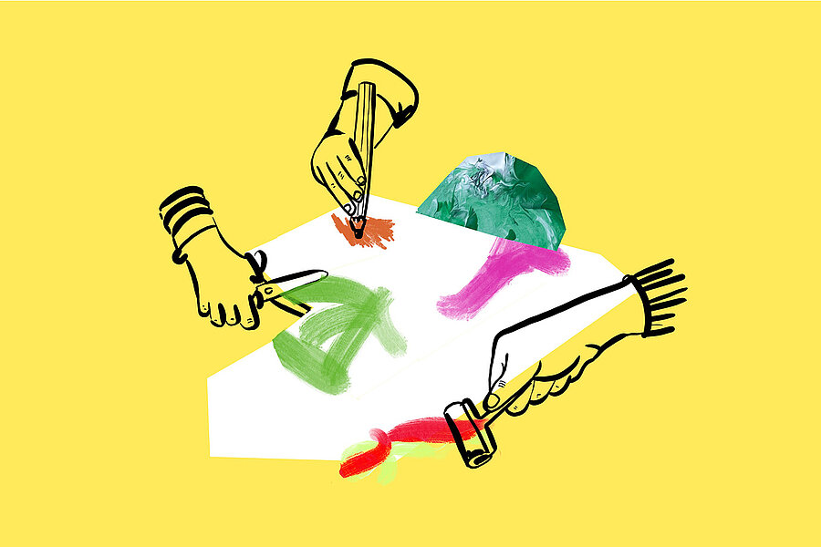 Illustration zum Thema Atelier: Utensilien zum Malen und Basteln auf gelbem Hintergrund