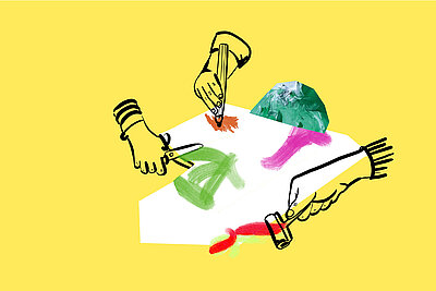 Illustration zum Thema Atelier: Utensilien zum Malen und Basteln auf gelbem Hintergrund