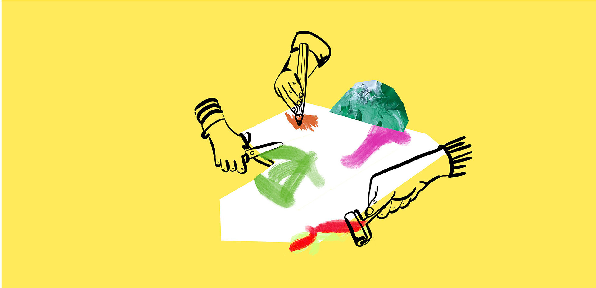 Illustration zum Thema Atelier: Utensilien zum Malen und Basteln auf gelbem Hintergrund