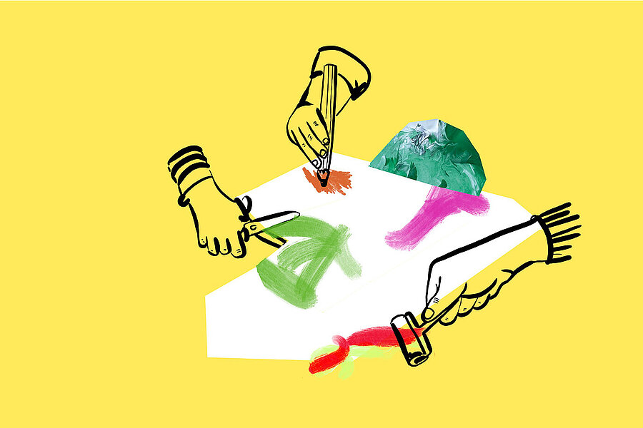 Illustration zum Thema Atelier: Utensilien zum Malen und Basteln auf gelbem Hintergrund