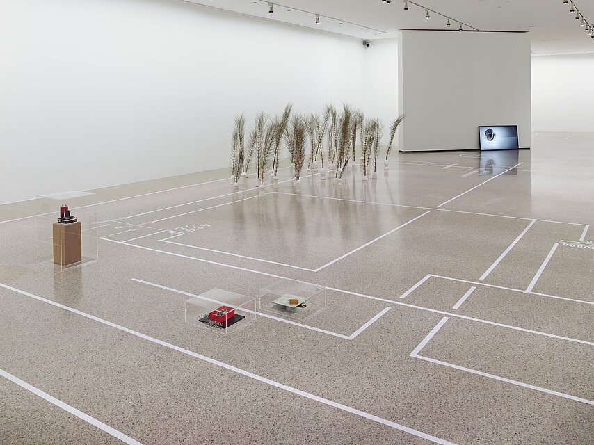  Dried grasses stand in the exhibition room, a screen can be seen in the background 