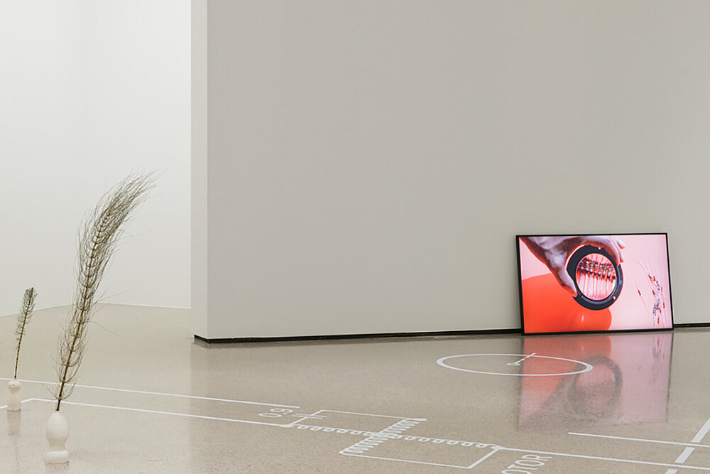 Getrocknete Gräser stehen im Ausstellungsraum, im Hintergrund ist ein Bildschirm mit rotem Bild zu sehen