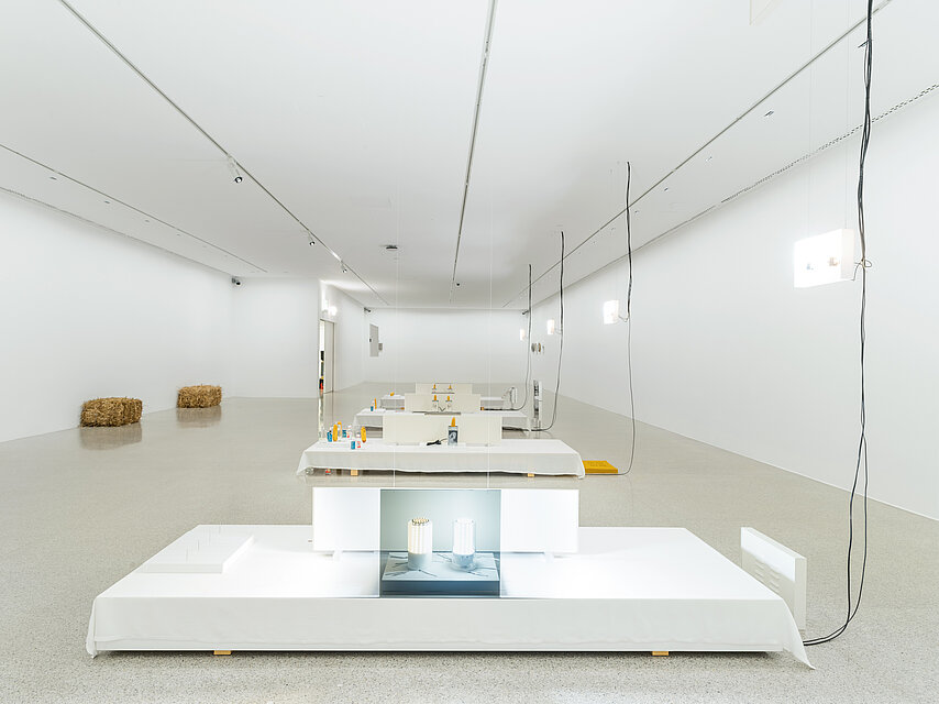 Vier weiße Podeste befinden sich hintereinander gereiht im Ausstellungsraum. Darauf sind unterschiedliche Skulpturen mit Maiskolben platziert. Im Hintergrund steht zwei Strohballen am Boden.