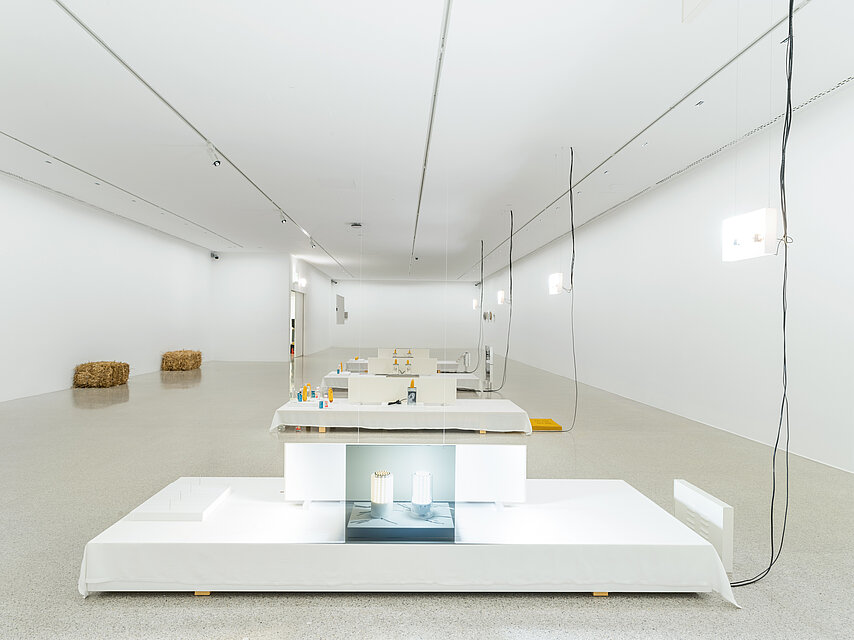 Four white pedestals are lined up one behind the other in the exhibition space. Various sculptures with corncobs are placed on them. In the background are two bales of straw on the floor.