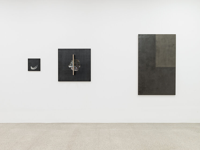 Dark, almost black paintings in different sizes hang on a white wall