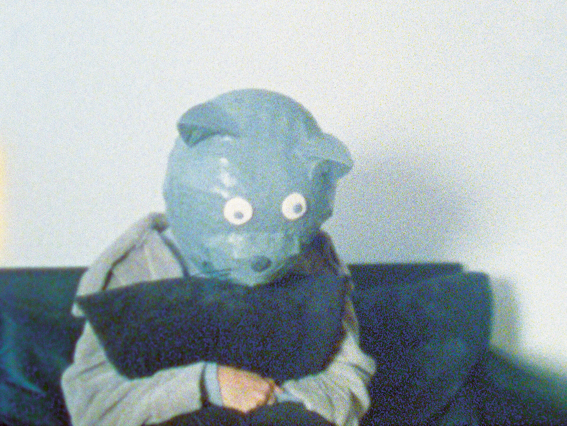 Film Still: Gernot Wieland, Thievery and Songs. Person mit blauer Bärenmaske auf dem Kopf / Person with blue bear mask.