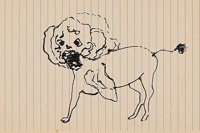 Schwarze Linienzeichnung eines hundeähnlichen Tieres mit erhobenem Kopf auf liniertem Papier mit blauem Raster. / Black line drawing of a dog-like animal with raised head on blue-ruled lined paper.