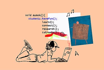 Illustration: Ein Kind liegt auf dem Boden und programmiert am Computer