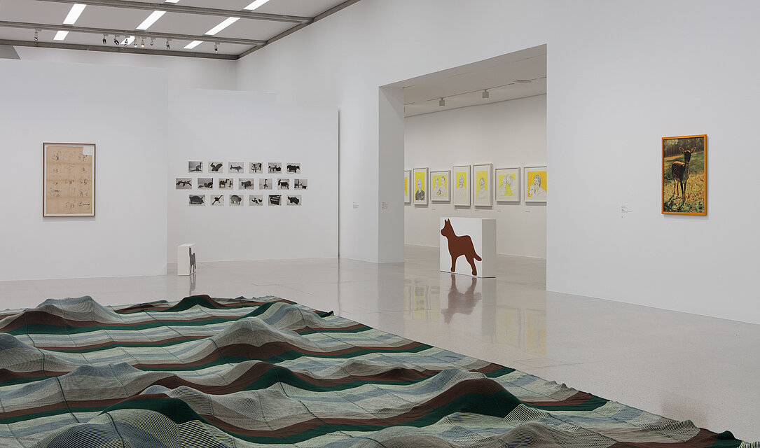 In the foreground is a large-format ceiling in blue, brown and green wave patterns on the floor. Behind it, various photographs and drawings hang on the walls. On the right is a picture of a deer. 