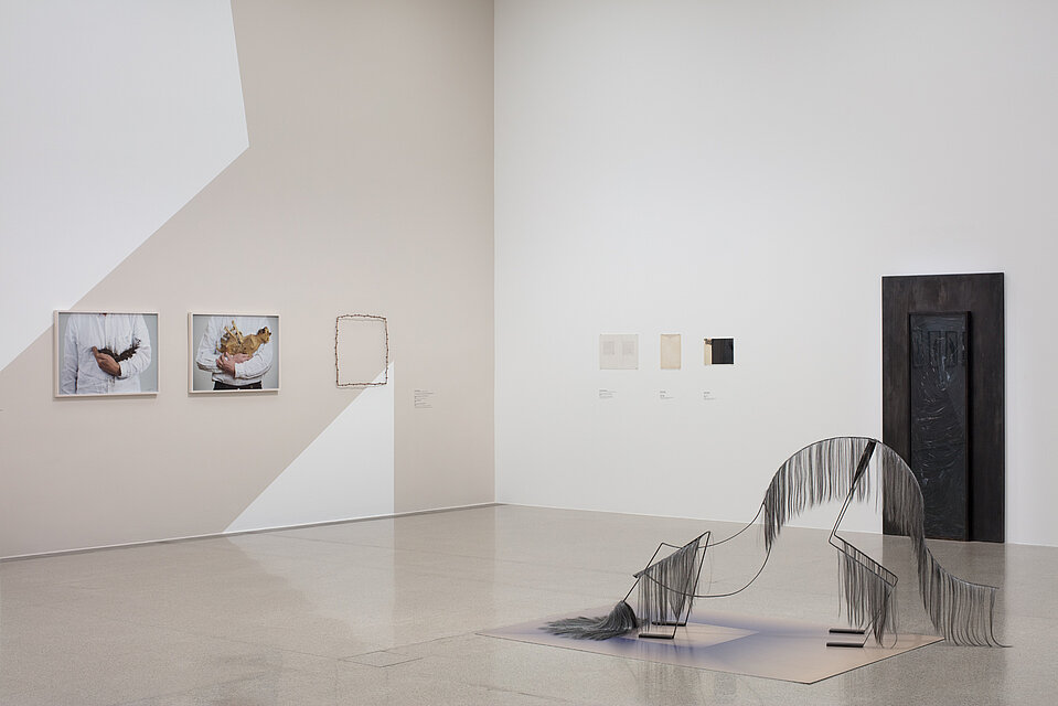 On each of the exhibition walls on the left and right, there are three works of art consisting of photographs, text on paper and two-dimensional sculptures. An abstract figure made of a metal frame and pieces of plastic fur is placed on the floor. 
