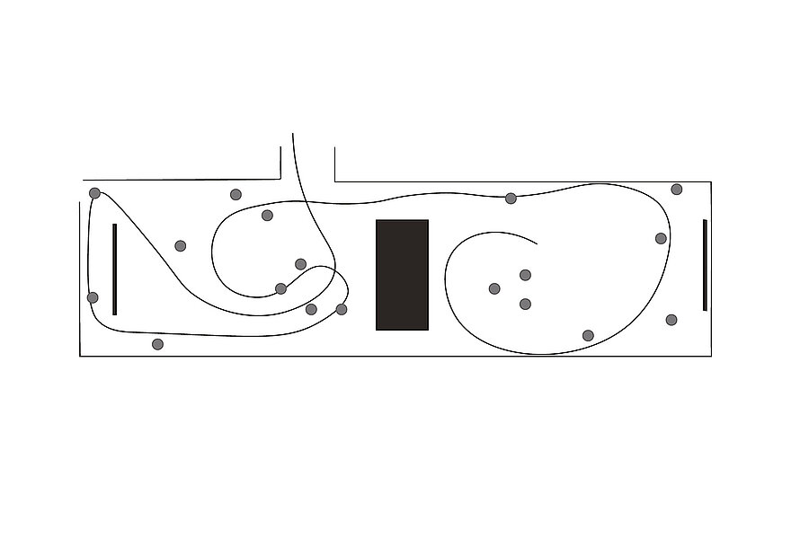 Schematische Grundrisszeichnung eines rechteckigen Raums mit mehreren kreisförmigen Markierungen, zwei geschwungenen Linienverläufen und einem zentral platzierten dunklen Rechteck; an beiden Schmalseiten befinden sich schmale schwarze Balken. / Schematic floor plan drawing of a rectangular space with multiple circular markers, two curved line paths, and a centrally placed dark rectangle; narrow black bars are positioned at both short ends of the room.