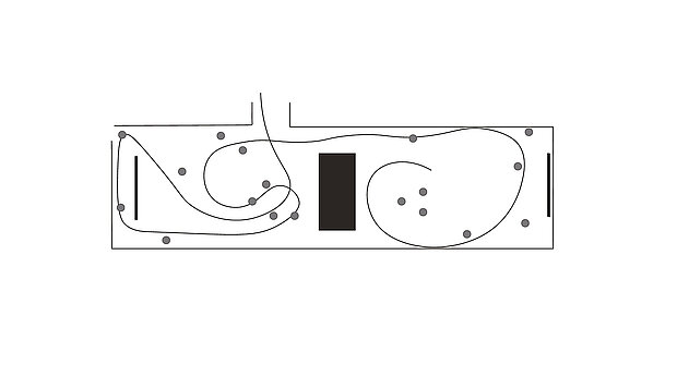 
            
                Schematische Grundrisszeichnung eines rechteckigen Raums mit mehreren kreisförmigen Markierungen, zwei geschwungenen Linienverläufen und einem zentral platzierten dunklen Rechteck; an beiden Schmalseiten befinden sich schmale schwarze Balken. / Schematic floor plan drawing of a rectangular space with multiple circular markers, two curved line paths, and a centrally placed dark rectangle; narrow black bars are positioned at both short ends of the room.
            
        