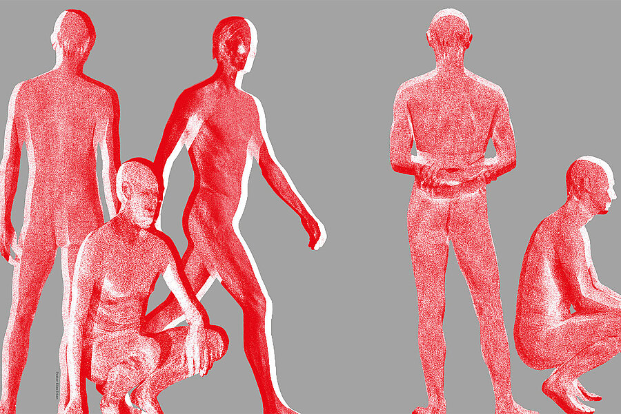 Graphic of humans drawn in red on grey background